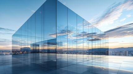 Modern Glass Skyscraper Reflecting Cityscape at Sunset