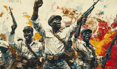 Fototapeta premium Rebel soldiers revolt, weapons raised, vibrant background.