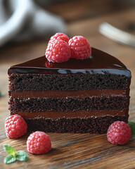 A rich indulgent chocolate cake served with fresh raspberries