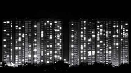 A vast night cityscape with two towering apartment buildings illuminated by countless glowing windows forming a grid-like pattern
