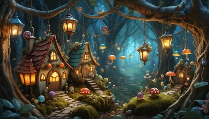 Enchanted forest village with tiny houses, glowing lanterns, and whimsical mushrooms. A magical scene perfect for fantasy adventures.