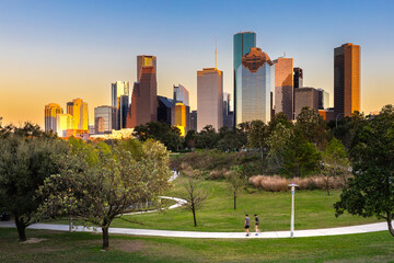 Houston Downtown modern business city with skyscraper city scape with park view from Buffalo Bayou center of Houston city, Texas, United States of America, US at sunset time © Nantiya