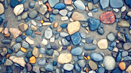 Array of colorful pebbles on sandy beach surface
