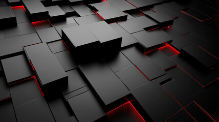 Abstract black 3D geometric blocks with glowing red lines, futuristic design, and modern digital background texture
