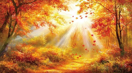 Obraz premium Autumnal Forest Path: Sunbeams Illuminate Golden Leaves