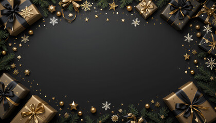 
Overhead perspective of Christmas presents, stars, and snowflakes on a dark backdrop. A frame containing gifts wrapped in gold and black wrapping with bows. Banner arranged in a flat lay style with s