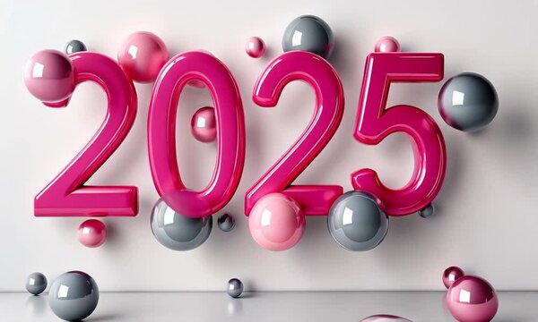 Chiffres 2025 en volume rose brillant entour&eacute;s de sph&egrave;res roses et grises en d&eacute;placement sur fond clair, composition color&eacute;e et dynamique pour tout &eacute;v&egrave;nement, contenu visuel ou communication marquante