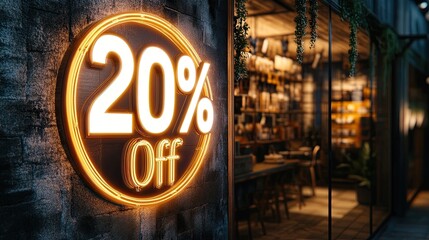 20% off neon sign on a restaurant window.