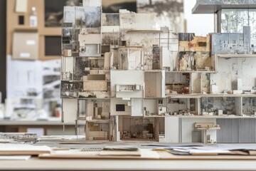 Detailed architectural model; layered, textured, interior view.