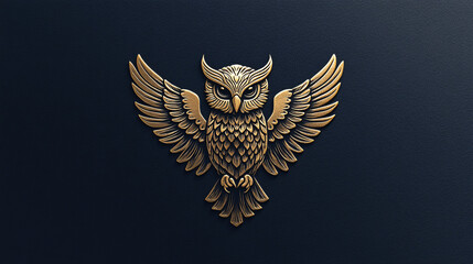 Golden owl emblem with spread wings and intricate details on a navy blue background symbolizing wisdom and elegance  
