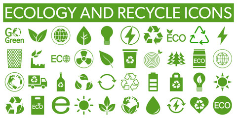 Eco and Recycle - vector green icons collection isolated on white.