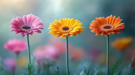 Three gerbera daisies in pink, yellow, and orange, in soft focus garden setting.
