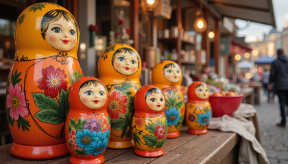 Fototapeta premium Brightly painted Matryoshka dolls arranged on market stall, festive spirit