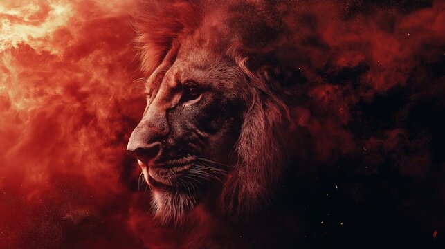 A lion with a red face and a red background