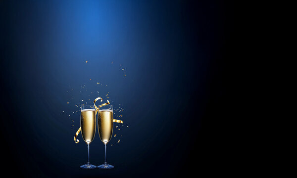 2 flûtes de champagne avec ruban doré et éclats lumineux sur fond bleu foncé avec espace négatif copyspace, visuel élégant pour célébration du nouvel an, fête ou événement prestigieux