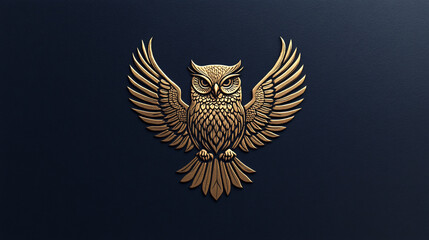 Obraz premium golden metallic owl emblem with intricate detailing and outstretched wings set against a dark navy blue background with a luxurious design 