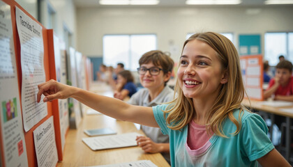 Happy children engaging at science fair in school hall, educational joy