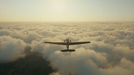 Fototapeta premium Above the Clouds: A Propeller Plane Soaring Through Golden Hour Skies