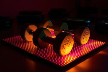 Stylized dumbbells on a glowing grid with vibrant neon lighting.