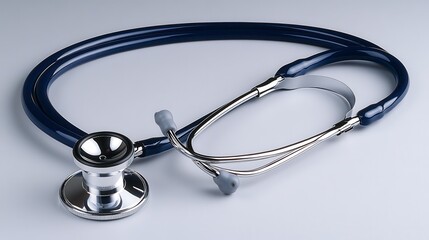Close-up of a blue stethoscope on a white background.