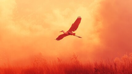 Fototapeta premium Heron in flight at sunset over tall grass.