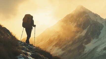 A photostock image of a person hiking up a mountain trail with a backpack and trekking poles.--ar 16:9