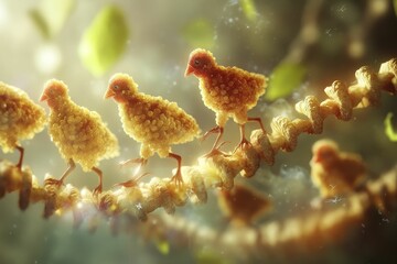 Fototapeta premium Golden chicks traverse twisting, textured path.