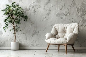 Minimalist Living Room Mockup with Armchair and Plant – 3D Rendered Design