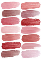 Soft watercolor swatches, pink and red hues, artistic brush strokes, perfect for design projects, color palettes.
