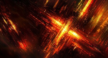Obraz premium Fiery Abstract Metropolis: A digital painting of an imaginary city glowing with intense orange and red lights, creating a dynamic and energetic composition.