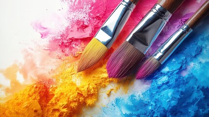 Obraz premium Colorful paintbrushes on vibrant pigment powder.