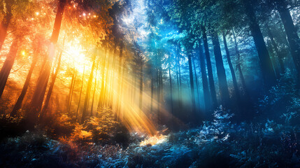 A mysterious forest filled with light beams passing through the trees. advanced technology embedded in nature. Frostwind. Illustration