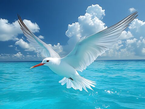 Redbilled Tropicbird Phaethon aethereus sleek white bird long streaming tail feathers soaring above turquoise tropical waters under a clear sky