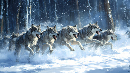Naklejka premium A pack of wolves running through a snowy forest, showcasing their strength and unity in the wild. Frostwind. Illustration