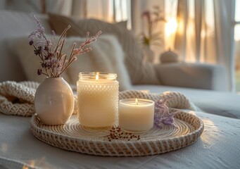 Closeup of White Scented Candle on a Tray – Scandinavian Living Room Mockup