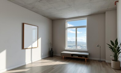 Minimalist interior, Empty room, Large window with blue sky view, Sunlight streaming in, White walls, Wooden bench, Potted plant, Mirror on wall, Hardwood floor, Clean aesthetic, Bright and airy space