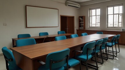Empty conference room with long table and blue chairs.