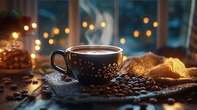 A steaming cup of coffee surrounded by coffee bea