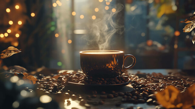 A steaming cup of coffee surrounded by coffee bea
