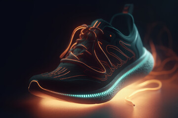 Futuristic running shoe with neon accents and dynamic lighting effects in a dark setting