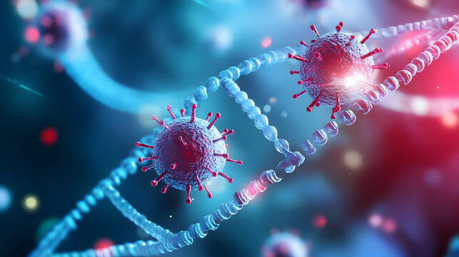 Colorful depiction of viral particles interacting with DNA strands in a scientific exploration - Powered by Adobe