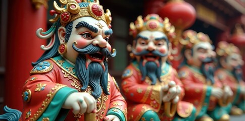 Fu Lu Shou statues, intricate detail, vibrant colors, wealth, decoration