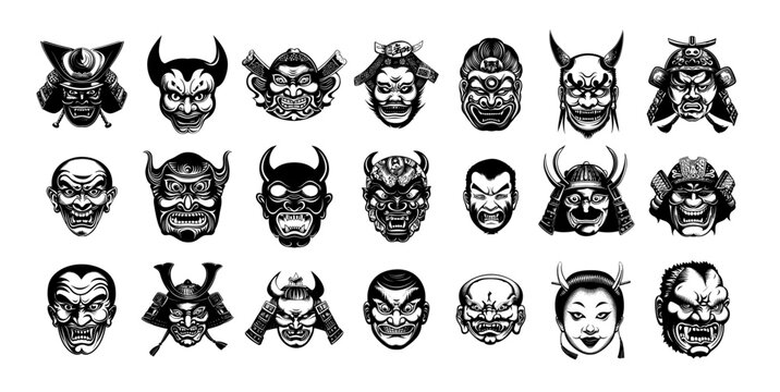 Japan masks black ink sketch vector set. Samurai fangs geisha warrior evil tengu demons idols asian gods monk kabuki theater angry emotions faces, isolated vectors on white background