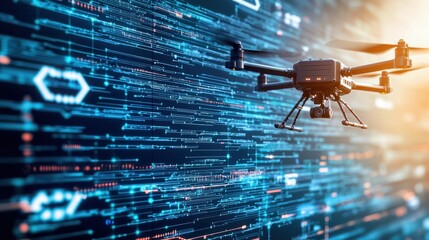 Drone technology in action urban environment digital innovation futuristic skyline aerial view data collection concept