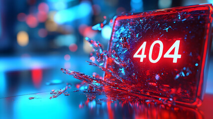 A neon 404 error sign glows brightly against a futuristic city backdrop