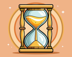 A classic hourglass with golden frames and white sand, displayed on a light peach-colored background.