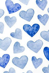 Blue watercolor hearts, soft pastel colors, seamless pattern design, romantic and playful style, perfect for backgrounds.