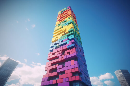 Tower of colorful blocks against a bright blue sky creating a playful artistic composition