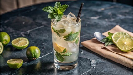 Basil lemon water. Drink infused water cocktail.