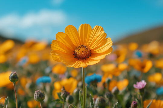 Photo r&eacute;aliste professionnelle d&rsquo;un champ vibrant de fleurs sauvages sous un ciel bleu clair, avec des fleurs color&eacute;es se balan&ccedil;ant doucement dans la brise